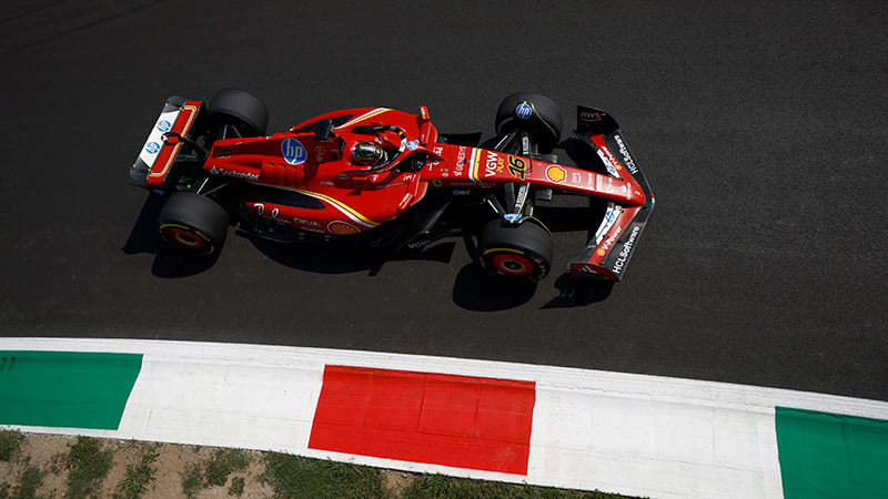 AUTODROMO NAZIONALE MONZA, ITALY - AUGUST 30: Charles Leclerc, Ferrari SF-24 during the Italian GP at Autodromo Nazionale Monza on Friday August 30, 2024 in Monza, Italy. (Photo by Zak Mauger / LAT Images)